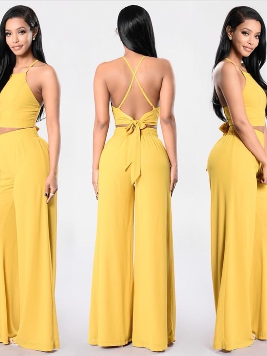 Fashion Nova Pants - Fashion Nova Mustard Yellow Wide-Leg Jumpsuit with Tie Back Set